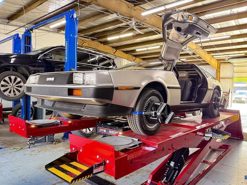 Delorean DMC-12 on Hunter HawkEye Elite alignment rack